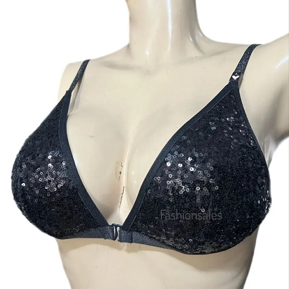 Victoria’s Secret Bling Sequin Triangle Unlined Front Close bralette bra Black L